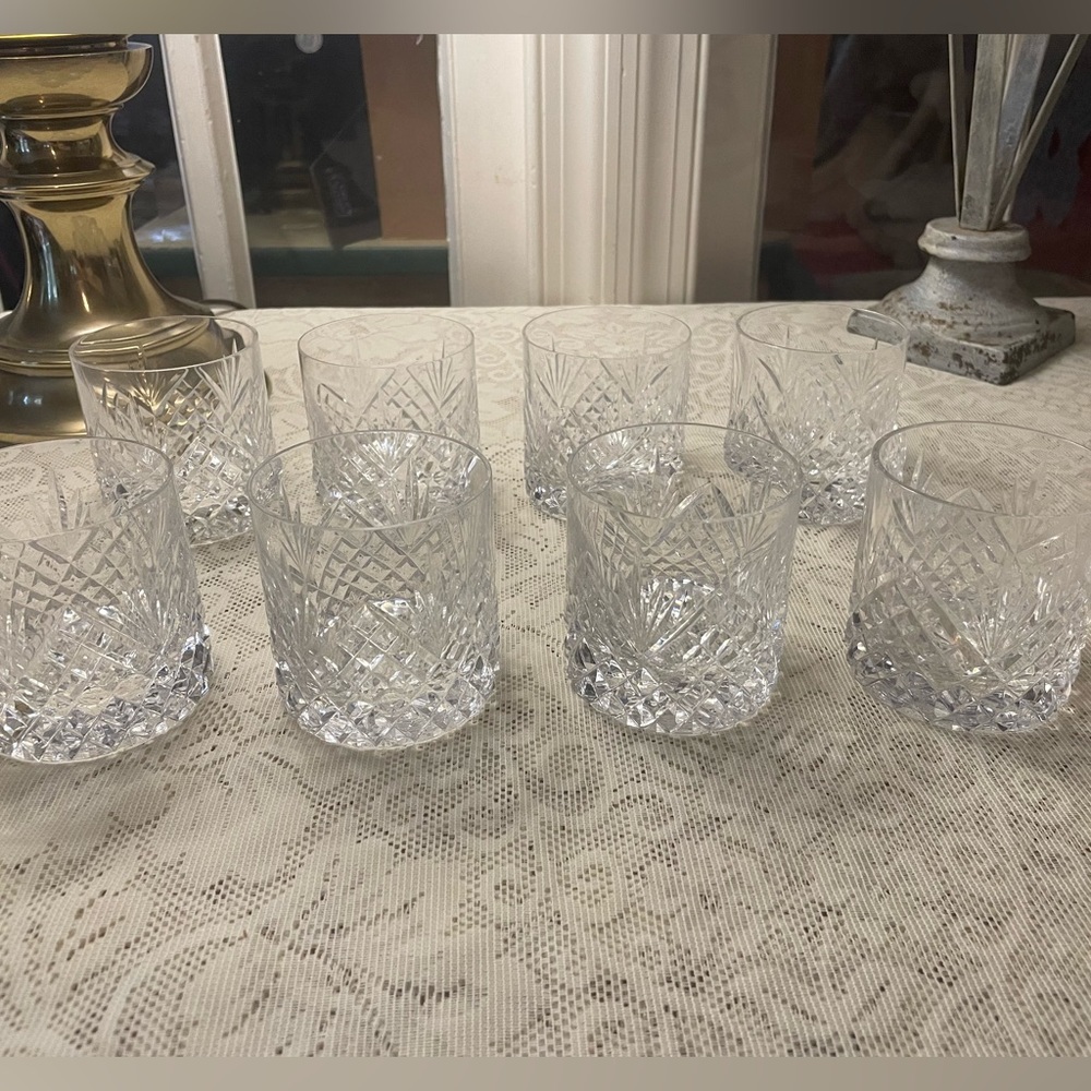 8 Vintage Tyrone Irish Crystal Hand Blown Antrim Cut Whiskey Glasses Set Signed